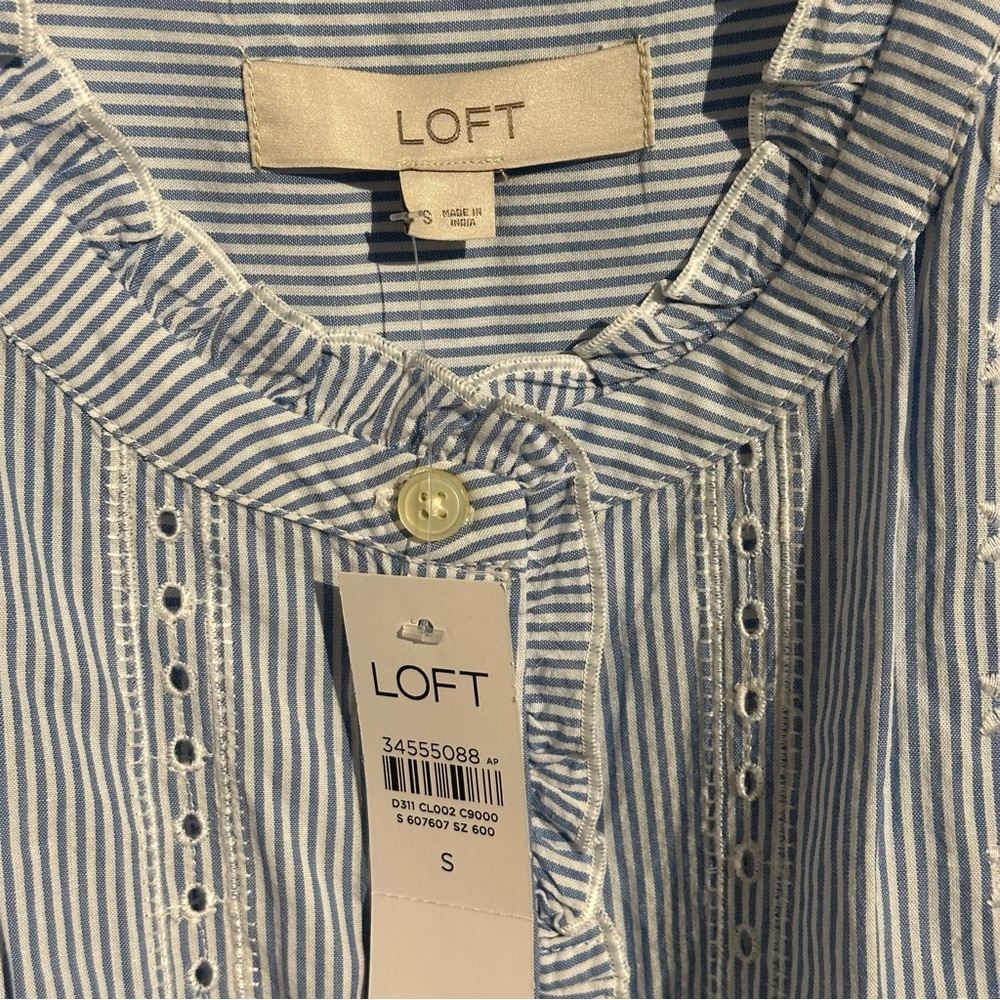 LOFT Blue and White Striped Eyelet Flutter Sleeve Blouse - Picture 2 of 7